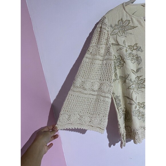 Soft Surroundings Top PXL Cream Crochet Boho Beachy Floral Embroidery Artsy - Picture 5 of 10